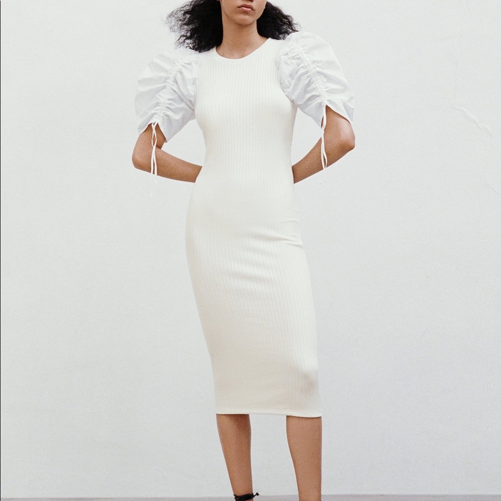Bridal Zara Ribbed Knit Puff Sleeve Back Cutout Midi Dress NWT